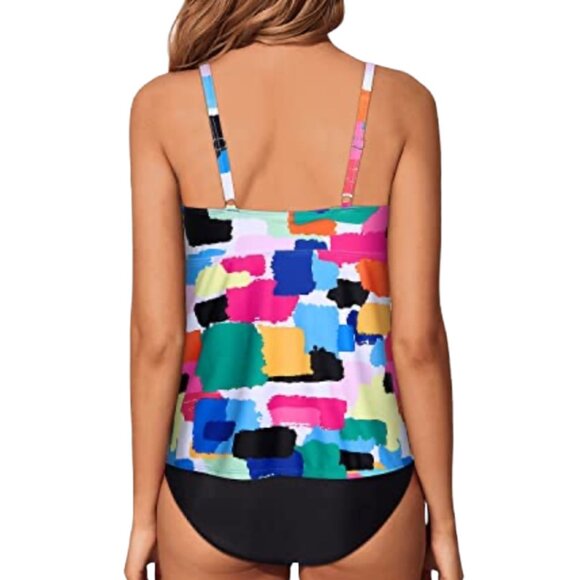 Younique High Neck Tankini Swimsuit Sz XL Multicolor 2Pc Tummy Control - Picture 2 of 12